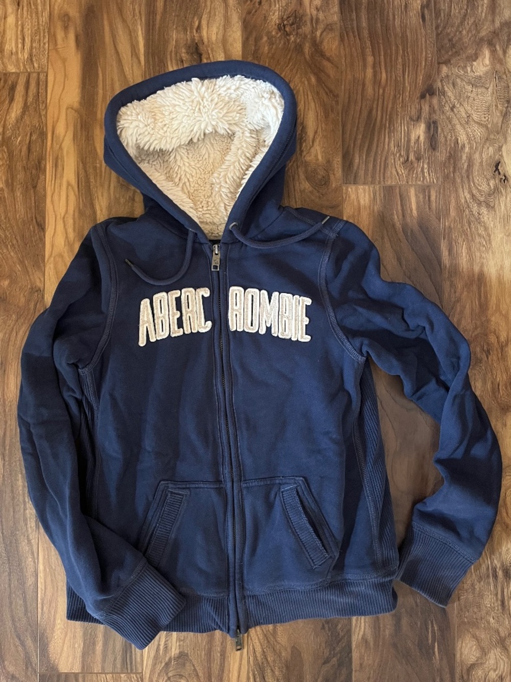 Abercrombie & Fitch Sherpa Lined Full Zip Hoodie Navy Blue Y2K Women’s